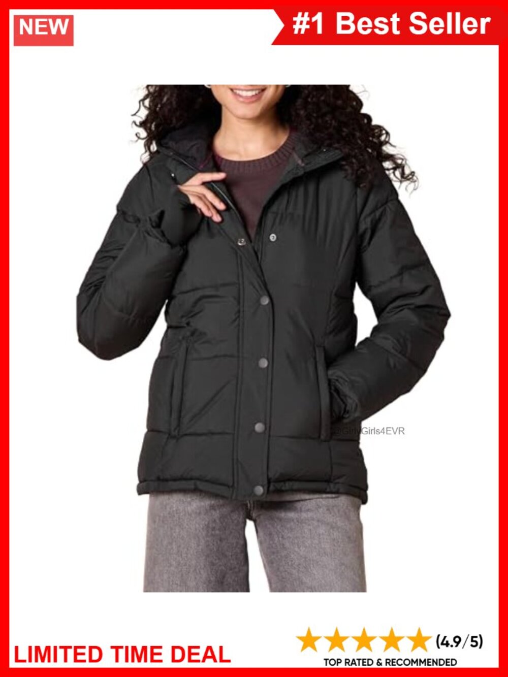 Quilted Hooded Puffer Coat Water-Resistant Polyester Taffeta Winter Jacket